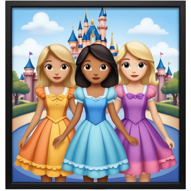 escribe el nombre Disneyland Paris y para titulo, pon a quatro chicas: una pelo corto negro, una pelo rizado largo, una pelo largo liso y la otra pelo ondulado mediano, esta con el ojos azules. Haz un cuadrado rectangular grande en grande blanco y por los lados pon a las chicas que te he descrito emoji