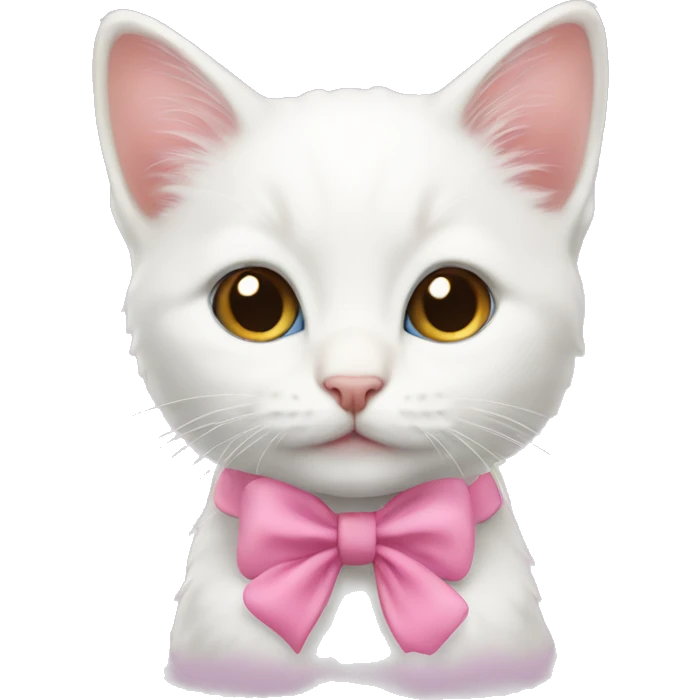 A white kitten wearing a pink bow emoji