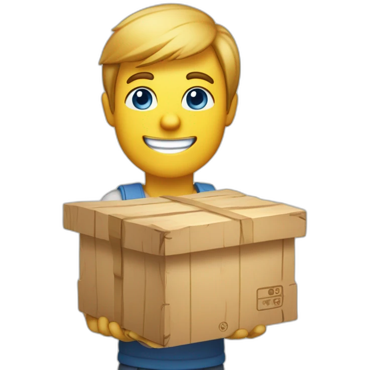 A person holding a box of wood with a beautiful smile will make any wooden product you want, he has a yellow food ball. Blue eyes and skin light beige. emoji