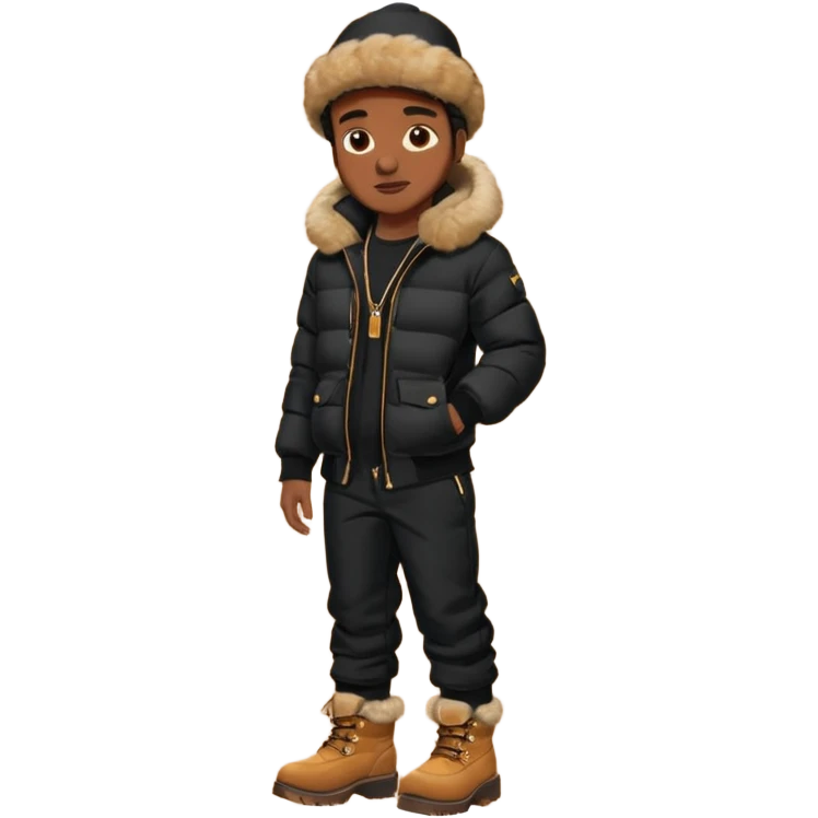 Handsome Black guy with brown skin tone, wear black joggers, a black bubble coat with a fur brim on the hood, and buckwheat timberland boots emoji