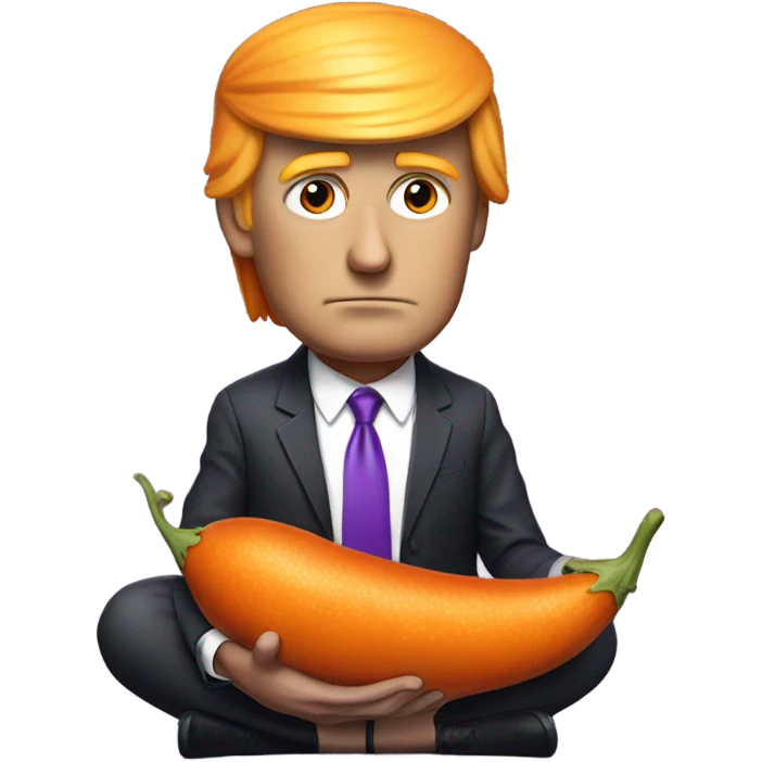 Realistic Donald trump with bright orange hair eating long, skinny purple ￼eggplant emoji