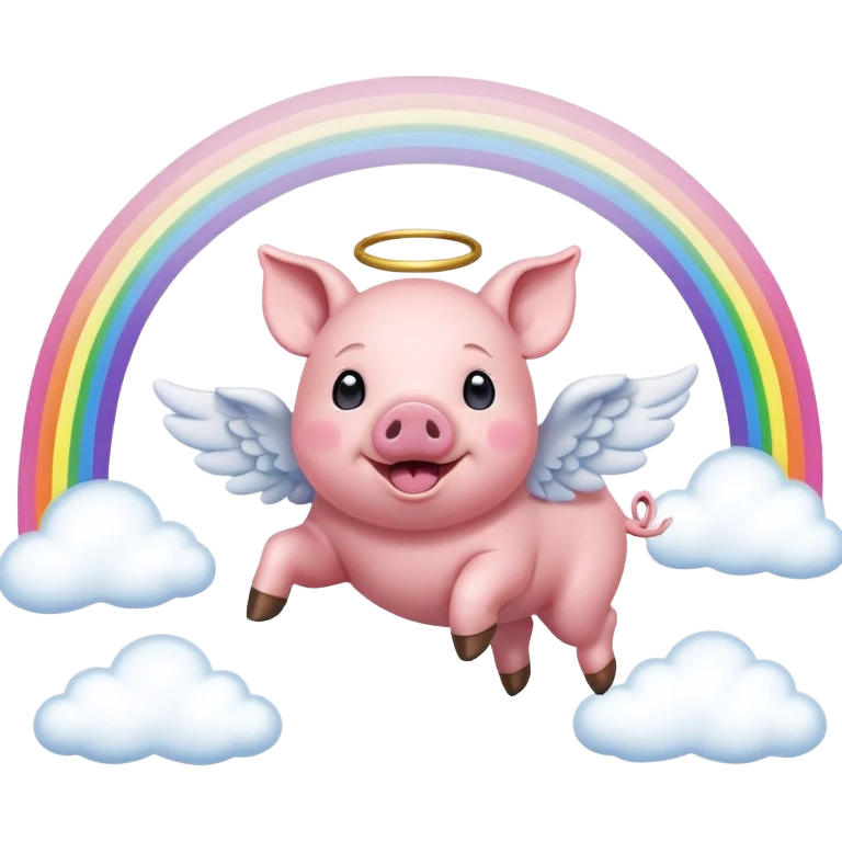 playful pig with tiny angel wings, leaping over a rainbow bridge emoji