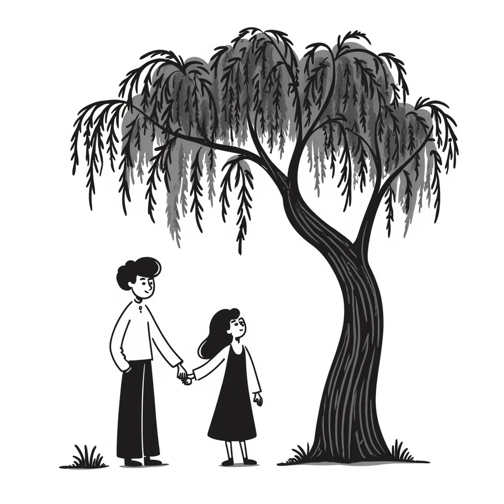 Hand-drawn romantic scene with two people holding hands under a tree emoji