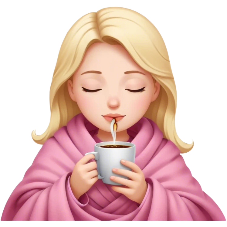 girl inside a blanket sipping coffee eyes closed pink emoji