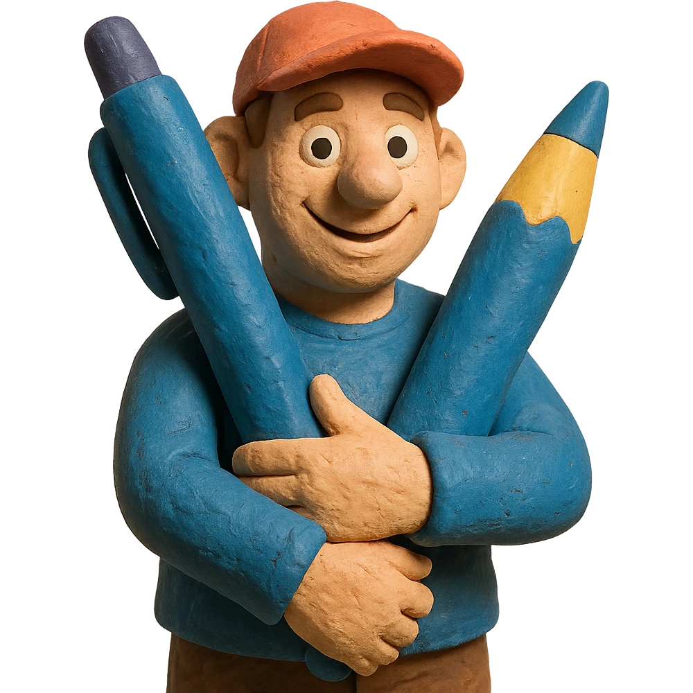 portrait of a positive stalker man wearing a baseball cap, holding a big pen in both arms, friendly expression in claymation style emoji