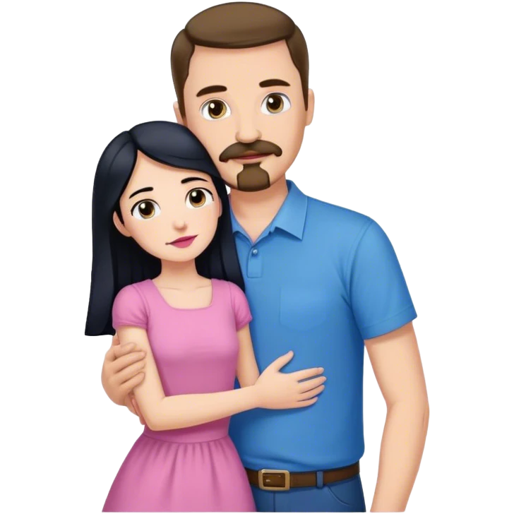 Tall white man with brown mustache goatee wearing blue hugging a short pale woman with long black hair wearing pink emoji