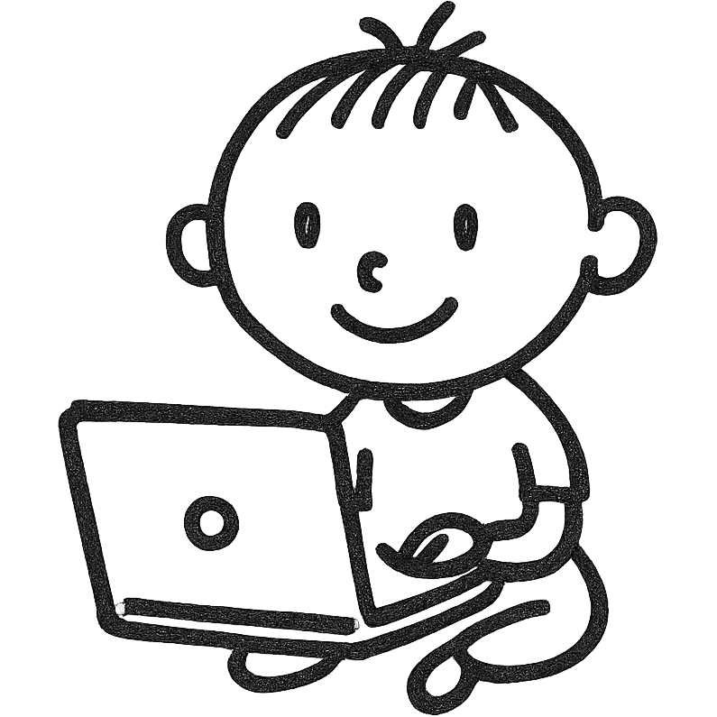 minimalist child programmer, simple shapes, sitting at laptop, light background emoji