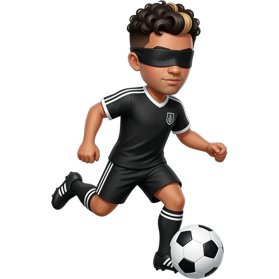 make me a soccer player dribbling the ball blindfolded mke him have black short curly hair with black shirt and short make his skin tone complex white and give him blond hair higlights emoji