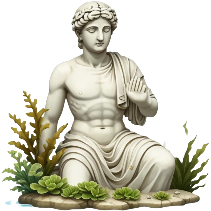 sunken white greek statue, include water and coral in the sea emoji