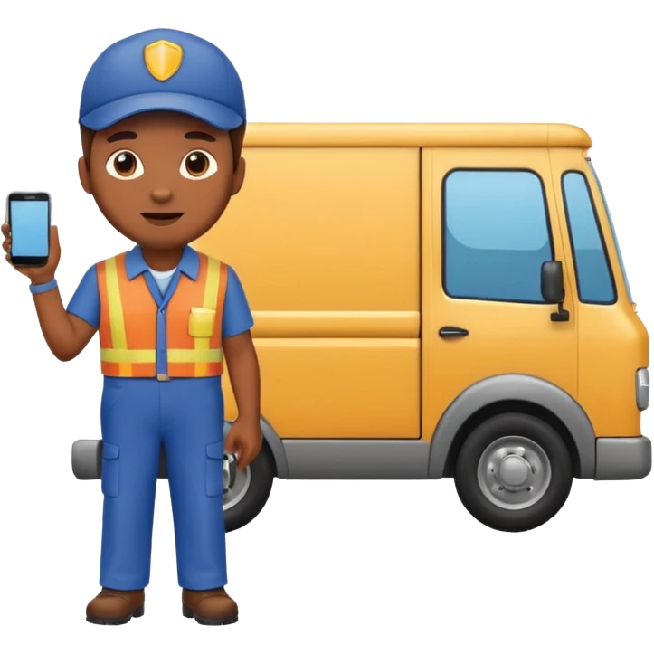 emoji of delivery truck with empty cargo area and a delivery man is standing nearby in waiting pose, dressed in work uniform emoji