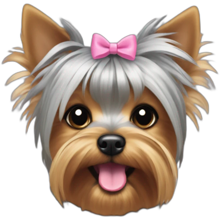 yorkshire terrier with grey hair with the tongue and two little pink hair-bow on the head emoji