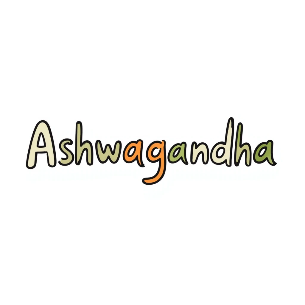 The word "Ashwagandha" hand-drawn in white/cream colored text with just a few green and orange accents. Simple doodle style. emoji