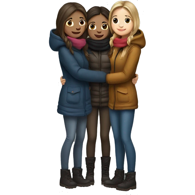 Three girls hugging - two with dark blonde hair and one with dark brown hair. Girls are in winter jackets and standing full length. emoji