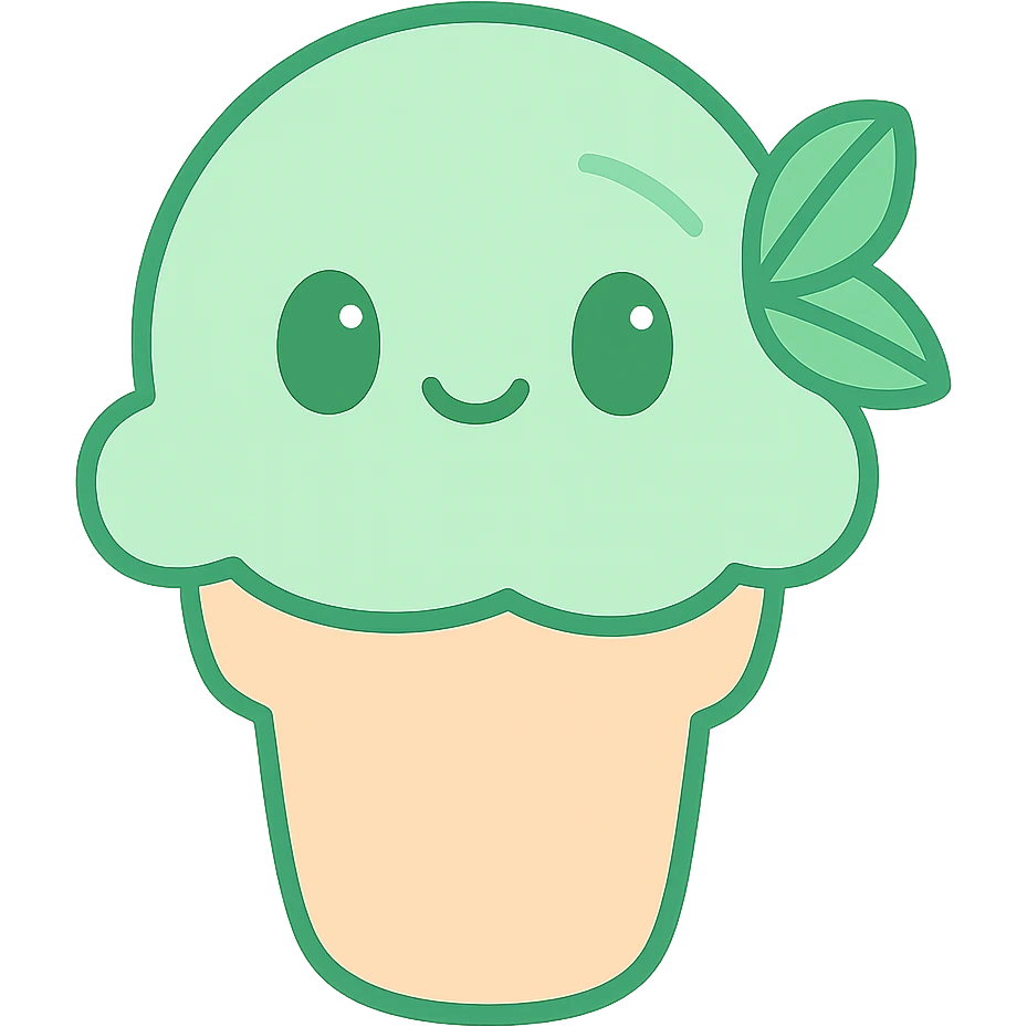mint ice cream cone with rounded cone (not pointed), light green ice cream scoop, mint leaf details, kawaii style emoji