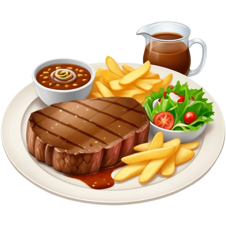 big juicy australian steak meal featuring chips, small salad in a ramikan and gravy in a small bowl on the plate emoji