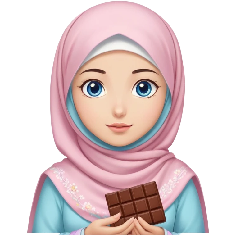 Turkish beautiful finish Konya girl blue eyes with pastel sakura hijab islamic dress and had on her hand Dubai chocolate  emoji