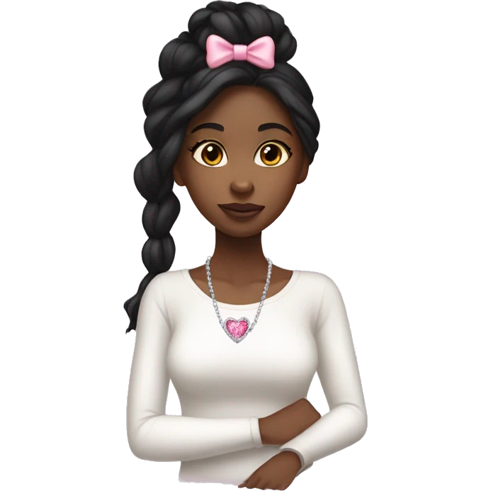 Black girl with long straight black hair and a white long sleeved top, pink bow in hair, white  crystal heart necklace  emoji
