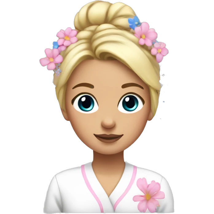 Blonde girl in white pyjamas with pink and blue flowers and her hair in a bun at the top of her head emoji