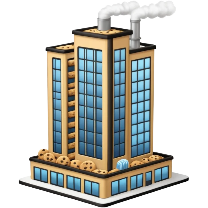 Outside view of a skyscraper-style cookie factory, multiple floors with glass walls, rooftop steam vents, vertical pipes running along the building edges, cookie logo on top, emoji-style emoji