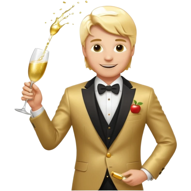 opulent healthy smart white man with golden hair, expensive suit, pouring champagne with a proud smile, apple style emoji emoji