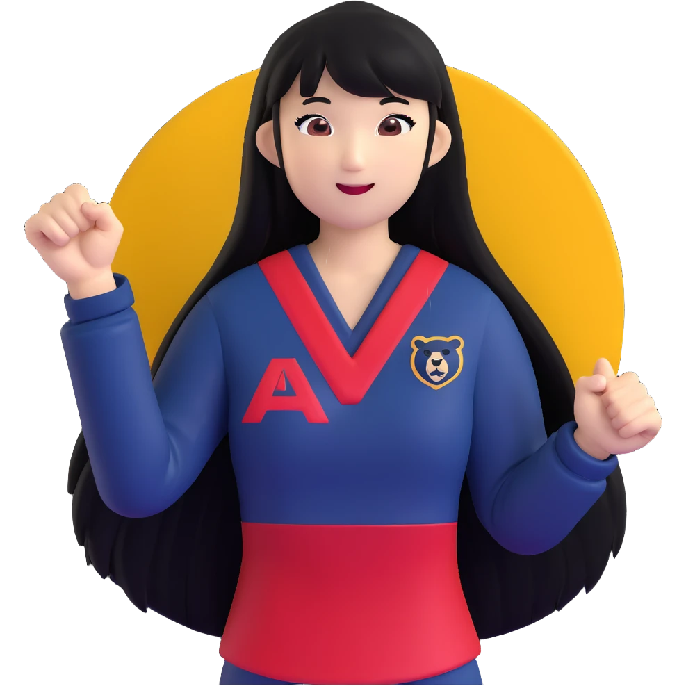 East Asian woman with long black straight hair and bangs wearing Doosan Bears team colors navy blue and red, cheering emoji