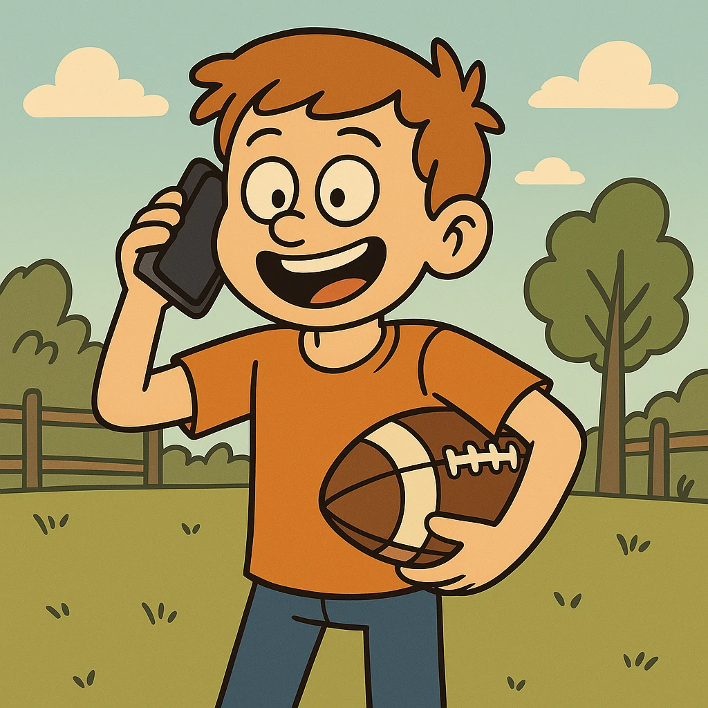 A cheerful cartoon style image of a teenage boy calling a friend to play football in an outdoor scene. emoji