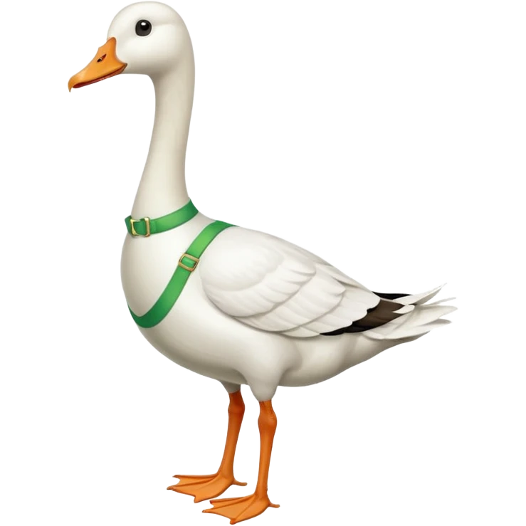 "Emoji of a white running goose with a very long neck and two legs. The goose wears bright green suspenders." emoji