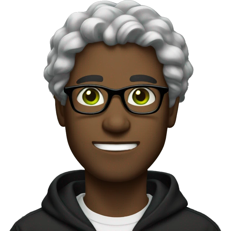 man in glasses with wave hair, green eyes black hoodie emoji