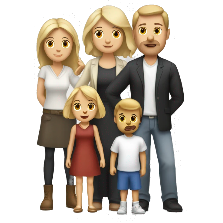 Une famille avec un homme blanc aux cheveux marron fonce une femme blanche au cheveux blonds un petit garçon blanc au cheveux blond et un beagle emoji
