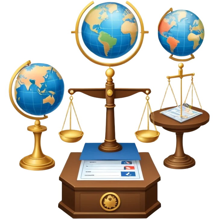 An icon featuring a podium with a speaker, a ballot box with a voting slip, and a globe, symbolizing political science. The design includes scales of justice and a world map in the background, representing governance and global politics. Transparent background highlights political analysis. emoji