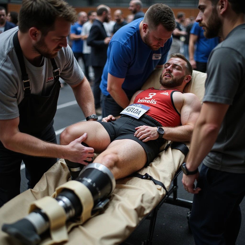 Powerlifter in competition clothing, lying on stretcher, medical staff immobilizing a leg, suffering expression, severe injury atmosphere, realistic details, competition area background. emoji
