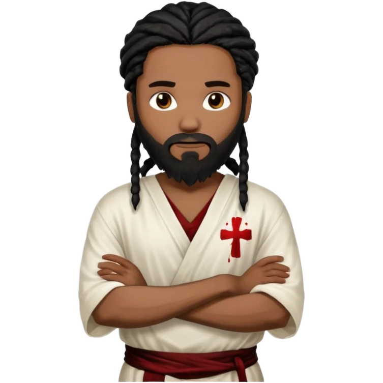 African American man with shoulder length black dreadlocks with black beard wearing a white blood stained white tunic with arms folded together across chest emoji