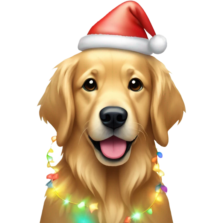 Golden retriever wrapped in multicolor Christmas lights and a Santa hat  emoji