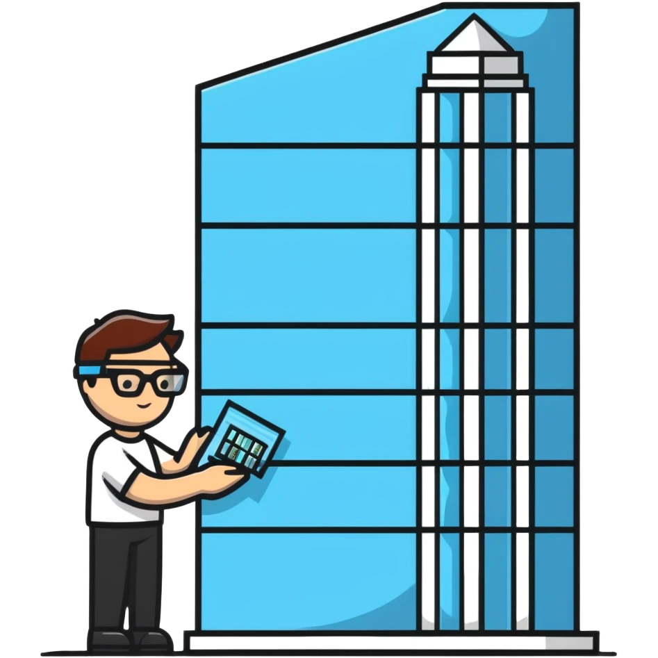 man building a model of a skyscraper wearing transparent safety glasses emoji