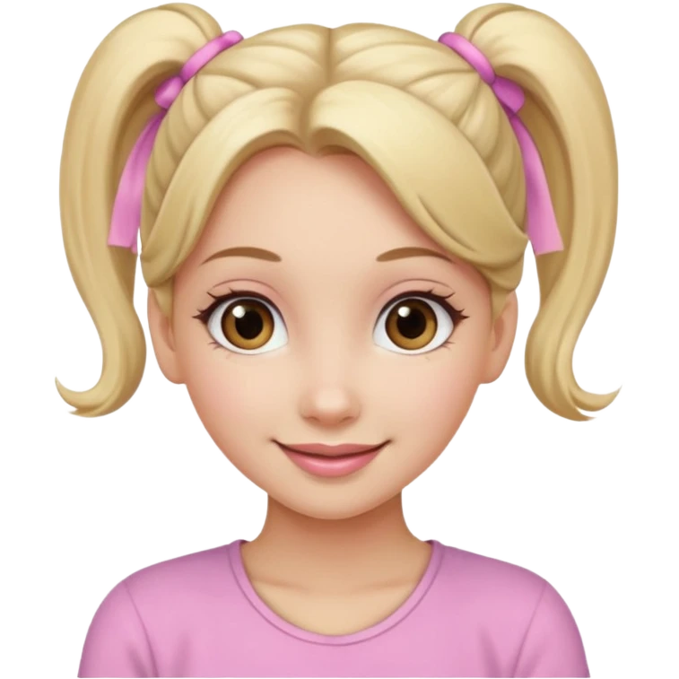 a cute woman is smiling, her hair is long, blonde and two ponytails, her eyes color are brown and the color of her lip is soft pink emoji