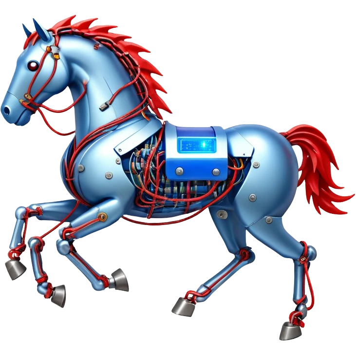 Fast running electric horse made of electricity, metal plates, bolts, blue and red wires, with lightning emanating from its body emoji