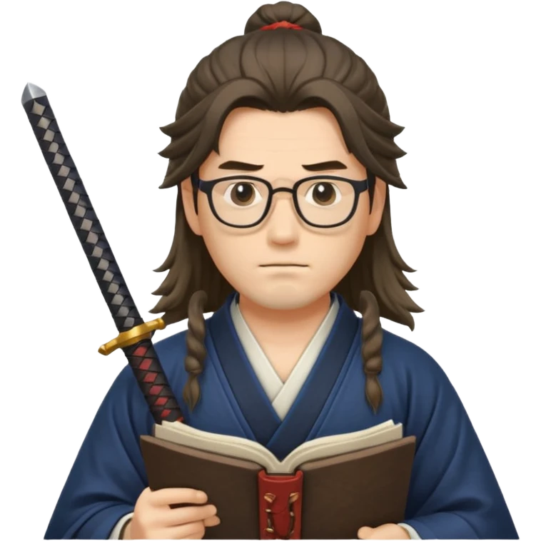 Long Haired Samurai with Glasses, Calm swordsman reading scroll with glasses emoji