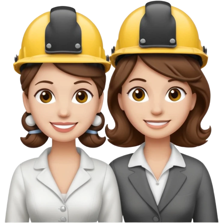 bride and groom couple, both with brown hair, bride has curlers in her hair, both wearing construction helmets and flats, both smiling, emoji style emoji