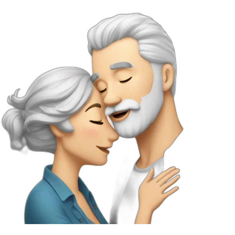 Man with gray hair and white beard kisses a woman with dark brown hair emoji