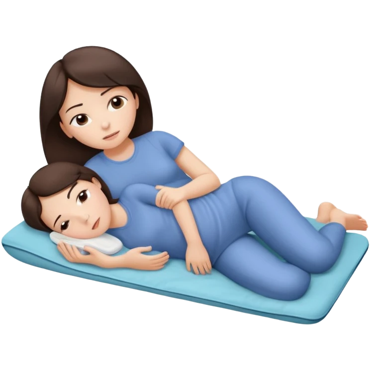  a brunette girl lying down on her side, holding a warm heating pad against her lower belly. She's uncomfortable and sad, her posture should show she’s having menstrual cramps. Use simple lines, rounded shapes, soft colors, and a clean emoji aesthetic. Make it expressive but still adorable emoji