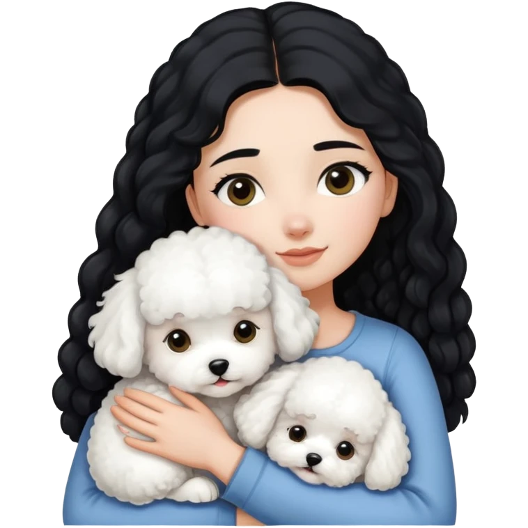 A girl with long straight black hair hugs a white curly-haired Bichon Frise puppy emoji