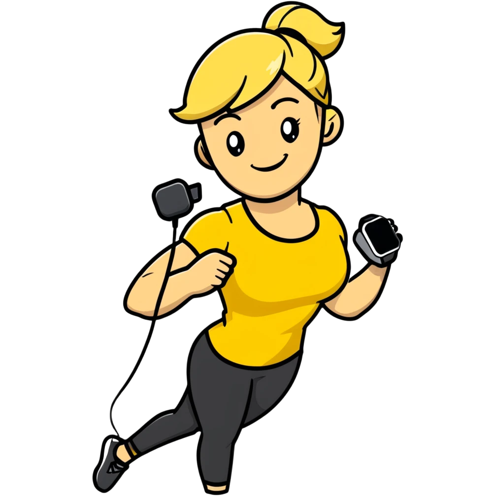 Sporty blonde woman in yellow top and black leggings, showing bicep, smiling, with wireless earbud and Apple Watch emoji