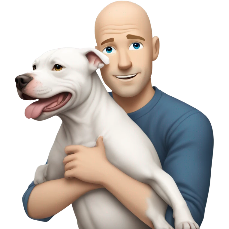 bald white man with blue eyes hugging grey pit bull emoji