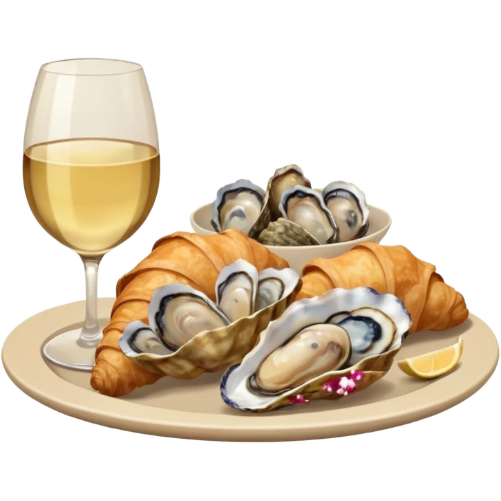 French cuisine humanless avatar in clean emoji-style illustration. Croissant, oysters and wine glass, soft beige tones, simple shapes, flat design, refined and cozy. emoji