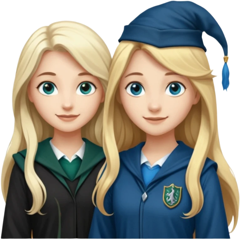 hot Slytherin girl with long blonde hair, blue eyes and big boobs and pretty ravenclaw girl with long brown hair and blue eyes emoji