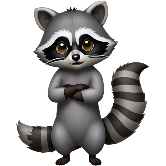 Cinematic-Raccoon-Realistic-Full-Body-Standing-Emoji – Tail flicking lazily, head tilted dramatically, thick grey fur with a signature black mask, sharp and alert ears, simplified yet realistic focused features, highly detailed, glowing with an almost sarcastic glow. emoji