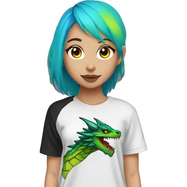 Lady with brunette and iridescent blue hair, gold, lime green dragon wings, black hoodie, bleach dyed, black and gold Nike t shirt, and bright red eyes emoji