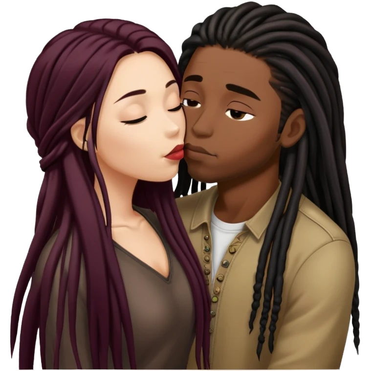 Dark Wine colored hair asian long hair, kissing young black guy with dreads emoji