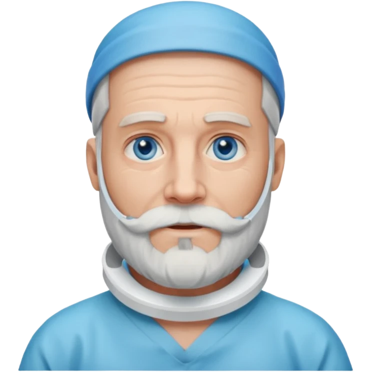 Older man with a full beard, a medical neck brace, and blue eyes. emoji