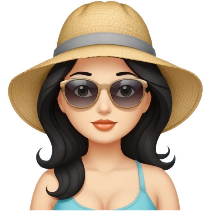beautiful curvy woman with fair skin, long wavy black hair, and gray eyes at the beach emoji